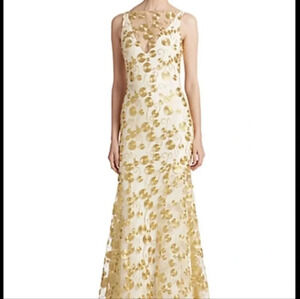 Theia Gold White Evening Dress Gown Maxi Geometric Circle Sleeveless Size 8